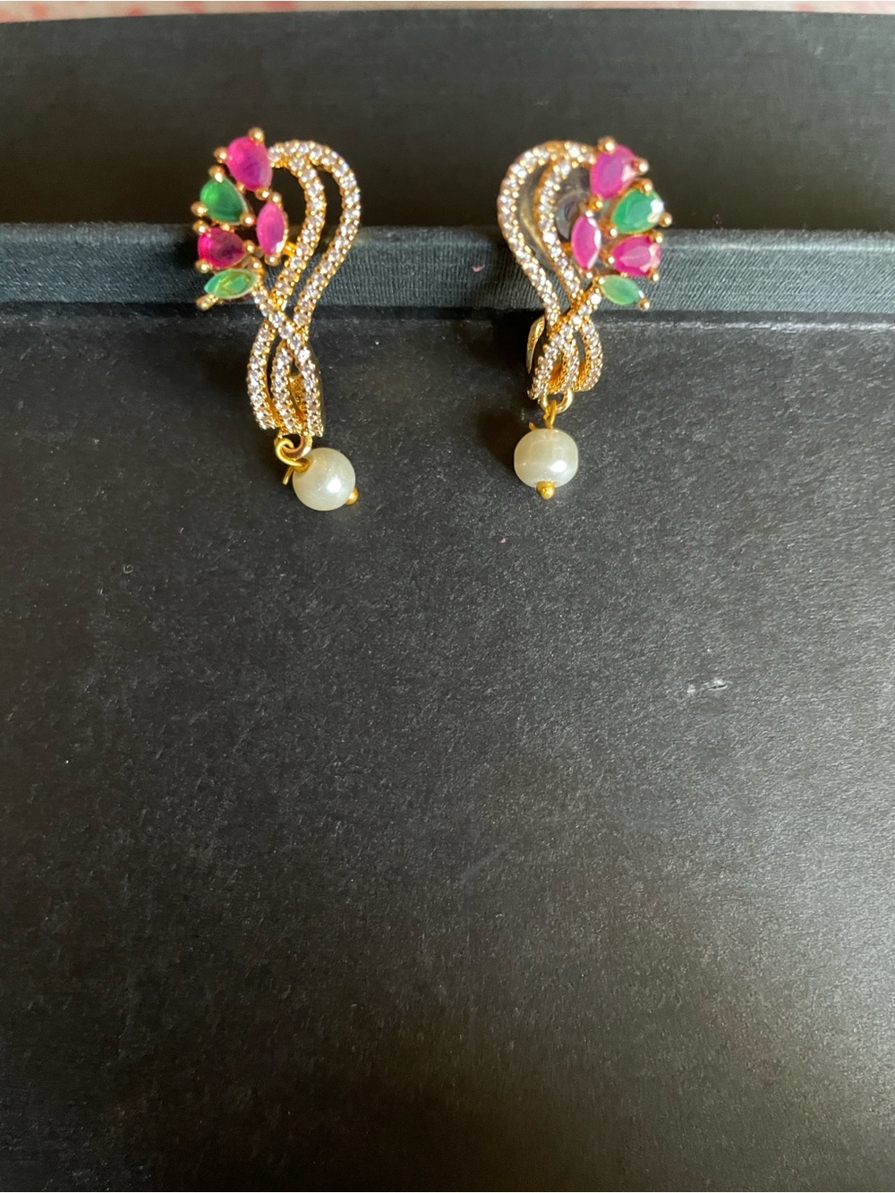 Gold-tone Pink & Green Teardrop Pearl Earrings by